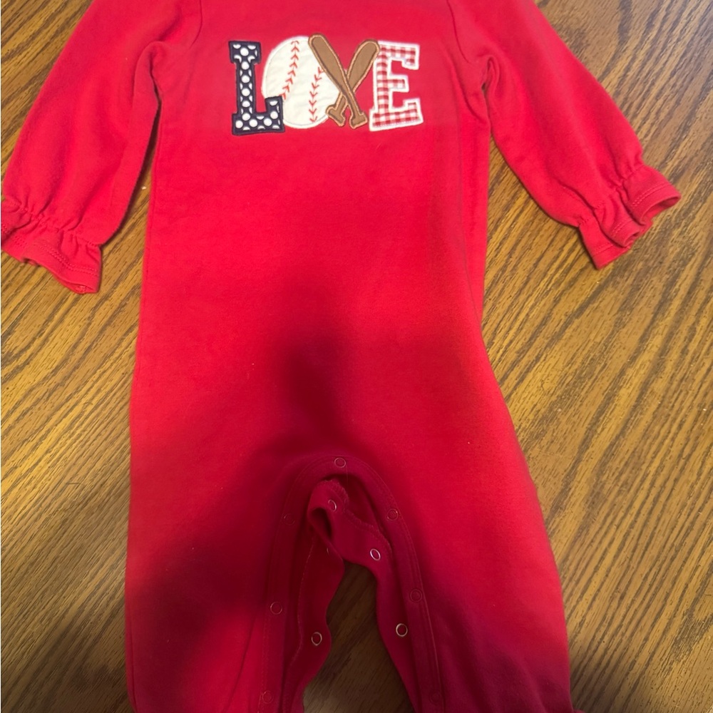 Baby Red Baseball 'LOVE' One-Piece Romper